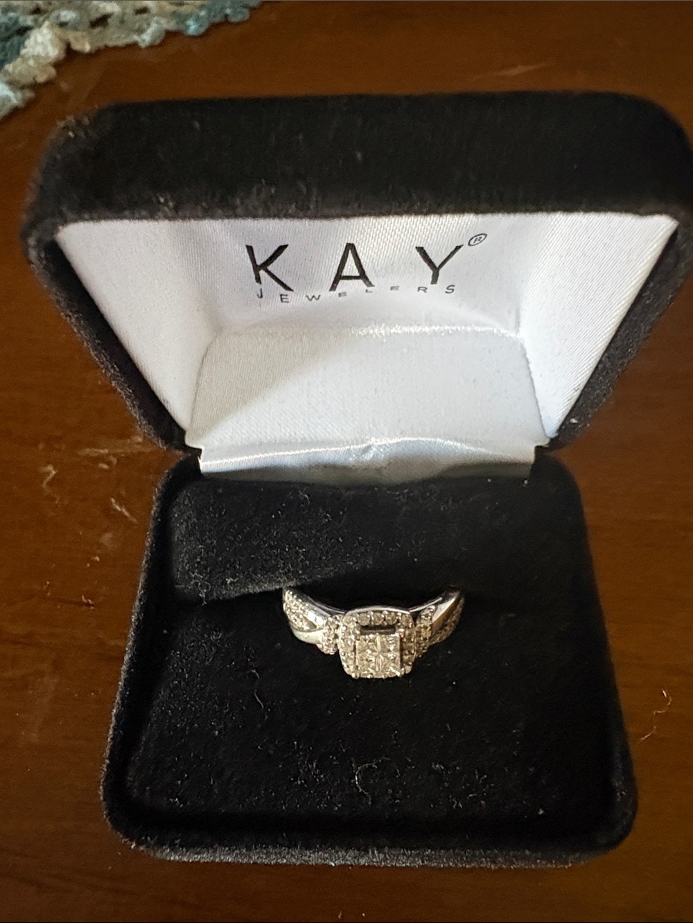 Kay Jewelers White Gold Diamond Cluster Ring with Pavé Shoulders